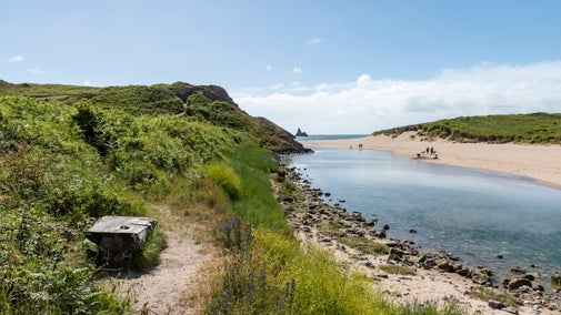 Broadhaven South beach from the coast path on a sunny day